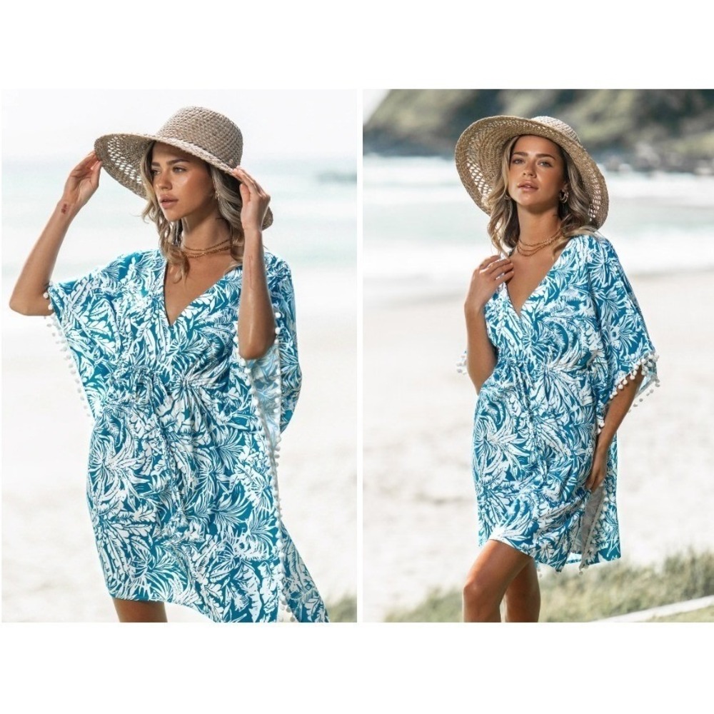 NEW Cupshe Tropical Print Pom Pom Short Cover Up Dress Kimono Swim Beach M Blue